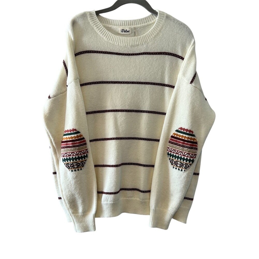 Ivory/Burgundy Striped Sweater Womens‎ L Fair Isle Elbow Patch Twee Scandi
